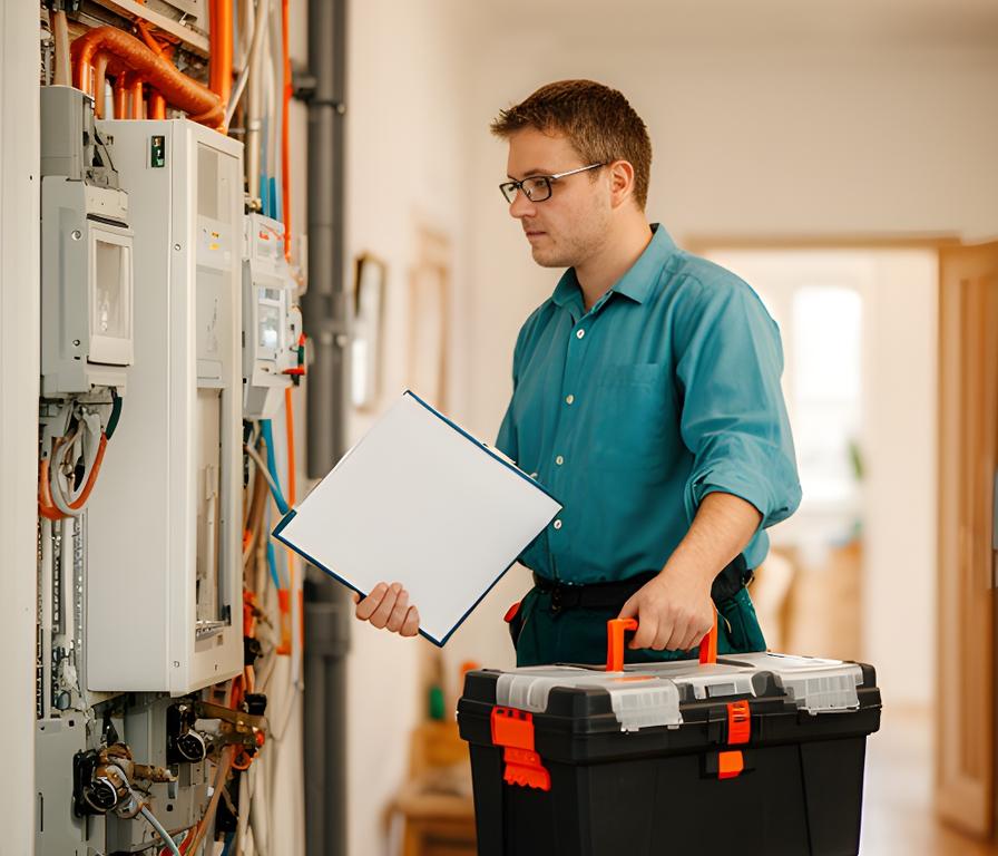Hauswart prüft Technikraum in einem gepflegten Wiener Wohnhaus mit Werkzeugkoffer und Protokollmappe