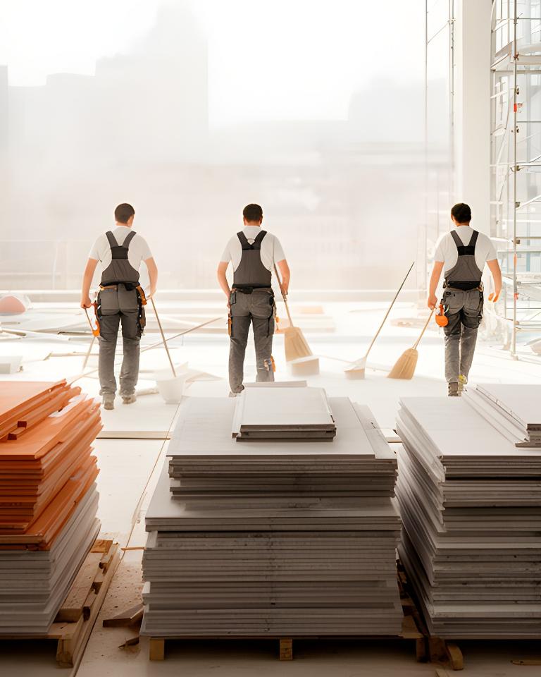 Team bei der Endreinigung einer modernen Baustelle mit gestapelten Materialien und hellem Tageslicht in Wien